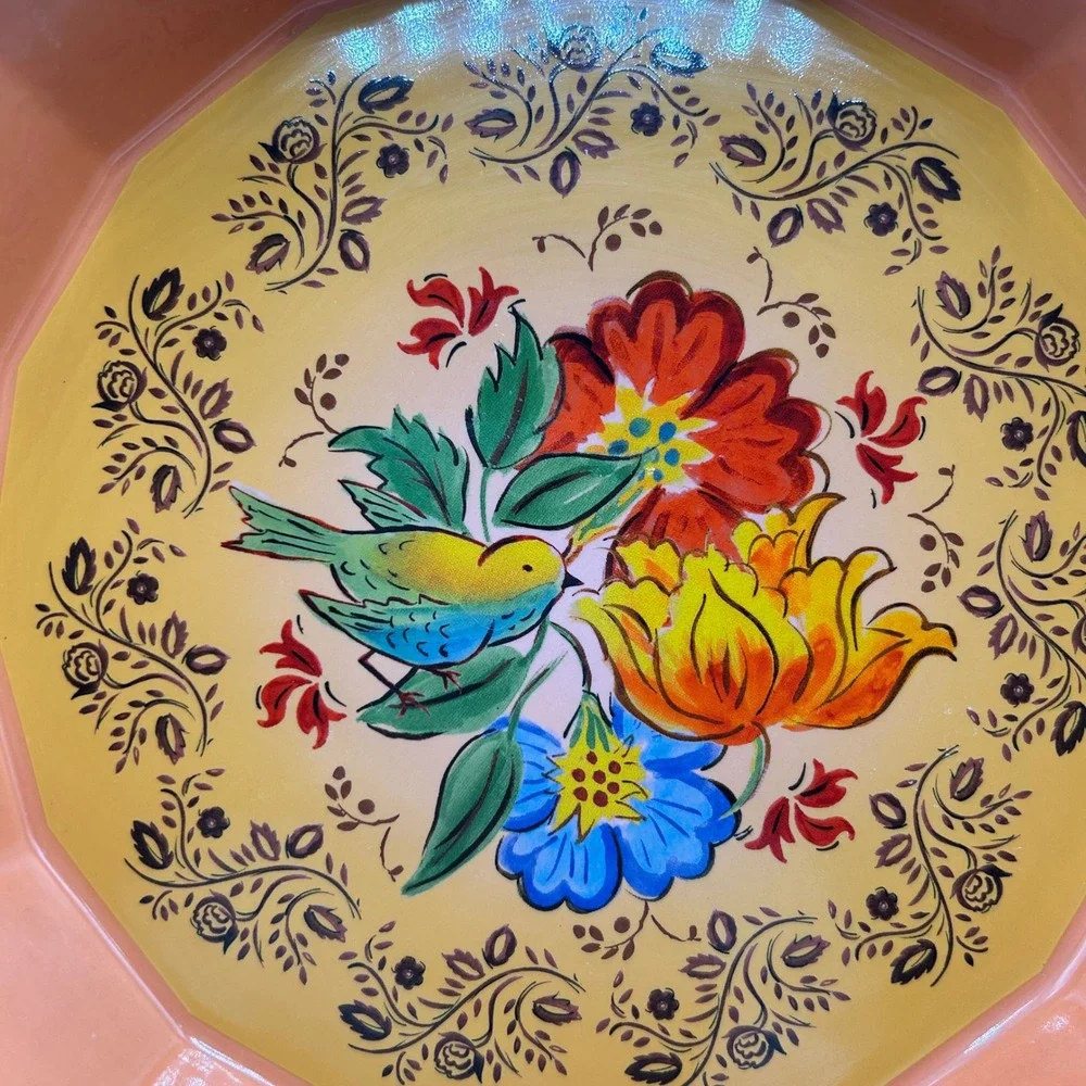 Orange Floral Bird Ceramic Scalloped Pie Plate Posy Dish Folk Art Style 10.5 In.